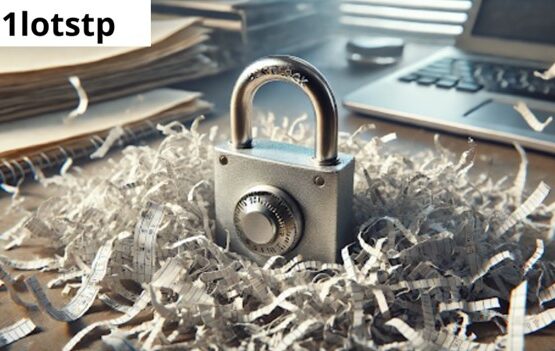 A close-up of a broken padlock surrounded by scattered pieces of shredded documents symbolizing a financial scam.